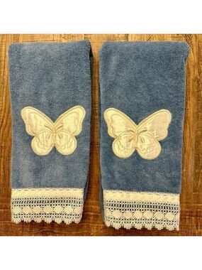 Vintage Saturday Knight Ltd. 2 Blue Hand Towels with Embroidered Satin Butterfly